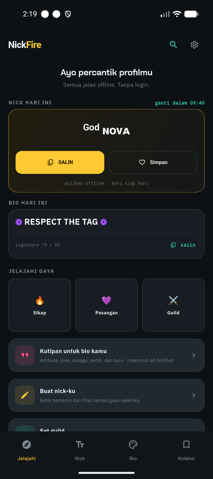 NickFire home screen